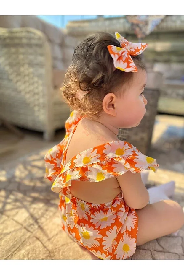 Baby Orange Floral Romper Overalls Jumpsuit And Bandana Set