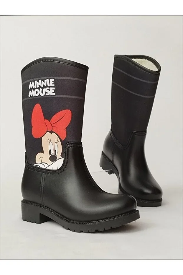 Minnie Mouse Posing Printed Plush Waterproof Girls Rain Boots