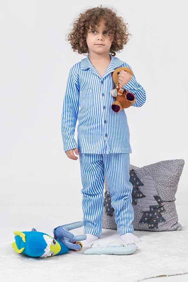 Blue Striped Gaffur Pajamas Boys Baby Buttoned Striped Set