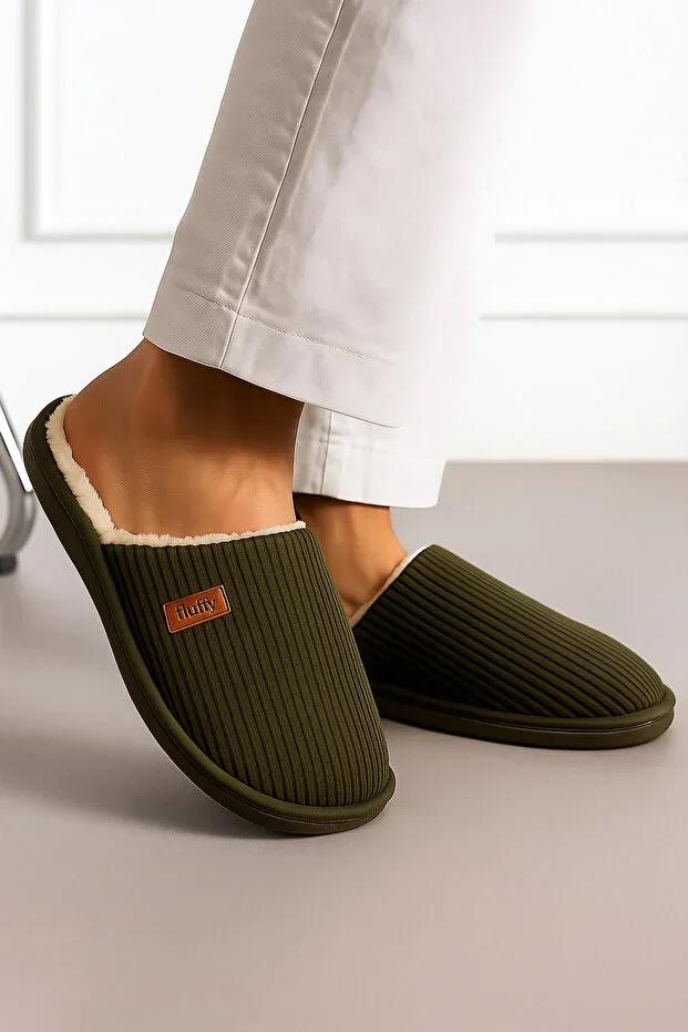 Men's Silent and Non-slip Sole, Warm, Seasonal, Plush Inside, Ribbed Velvet Bowl Slippers