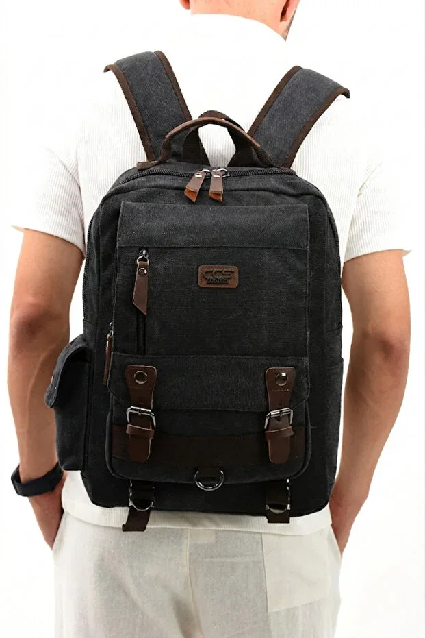 eba-6235 Canvas (cotton) backpack with laptop compartment for camping, travel, school - BLACK