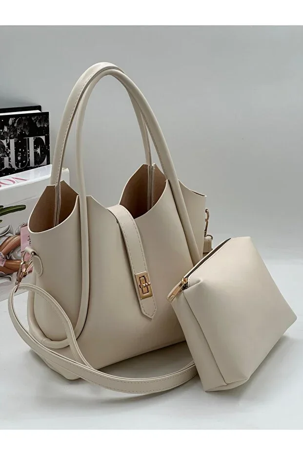 Elegant Faux Leather Women's Handbag and Shoulder Bag with Metal Buckle Belt and Double Straps