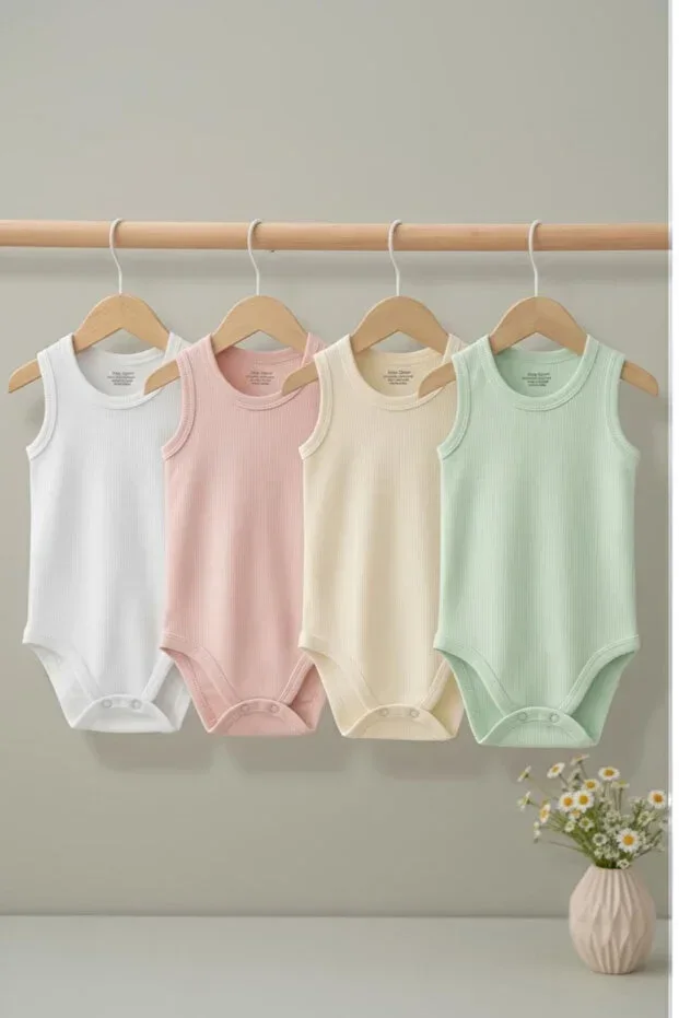 %100 Cotton 4-Piece Snap Baby Bodysuit/Organic Baby Undershirt/Snap Bodysuit