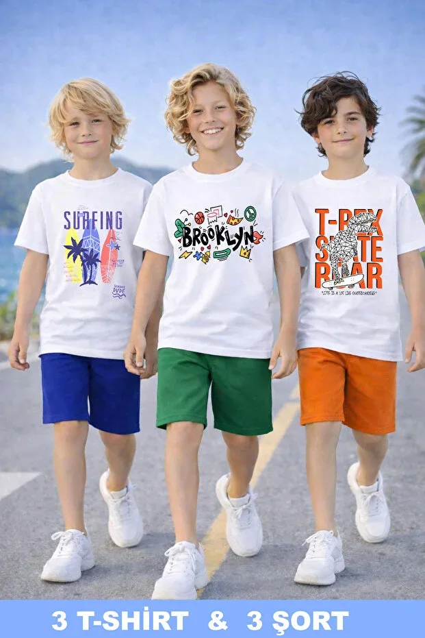 Surf And Dinosaur Print Cotton Combed 3 Piece Summer T-Shirt-Shorts Kids Set