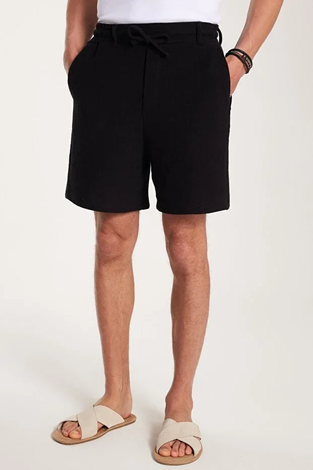 Men's Regular Fit Elastic Waistband and Drawstring Side Pocket Black Bermuda Shorts
