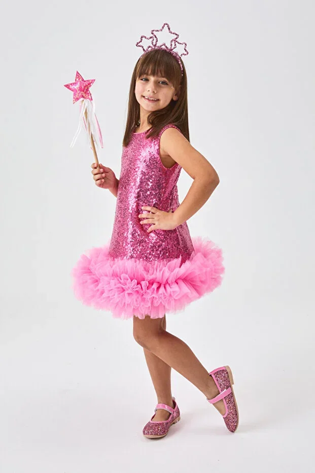 Fuchsia Skirt Hem Tulle Sequined Girl Dress - Evie