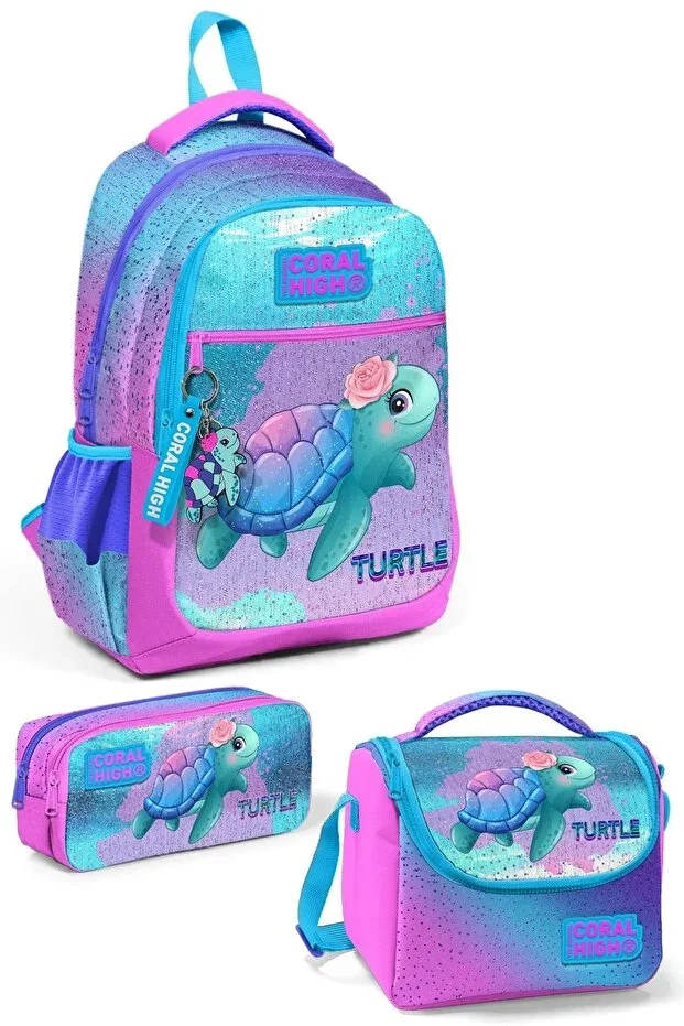 Primary School Girls Pink Blue Turtle Patterned 3-Piece School Bag Set