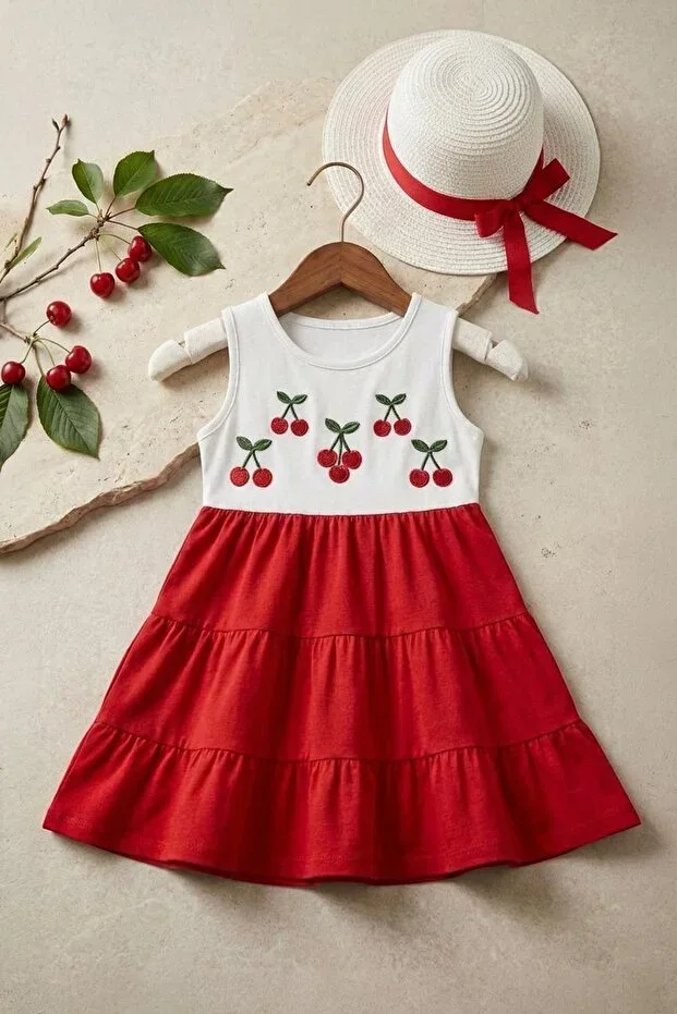 Girls Cherry Embroidered Dress with Hat