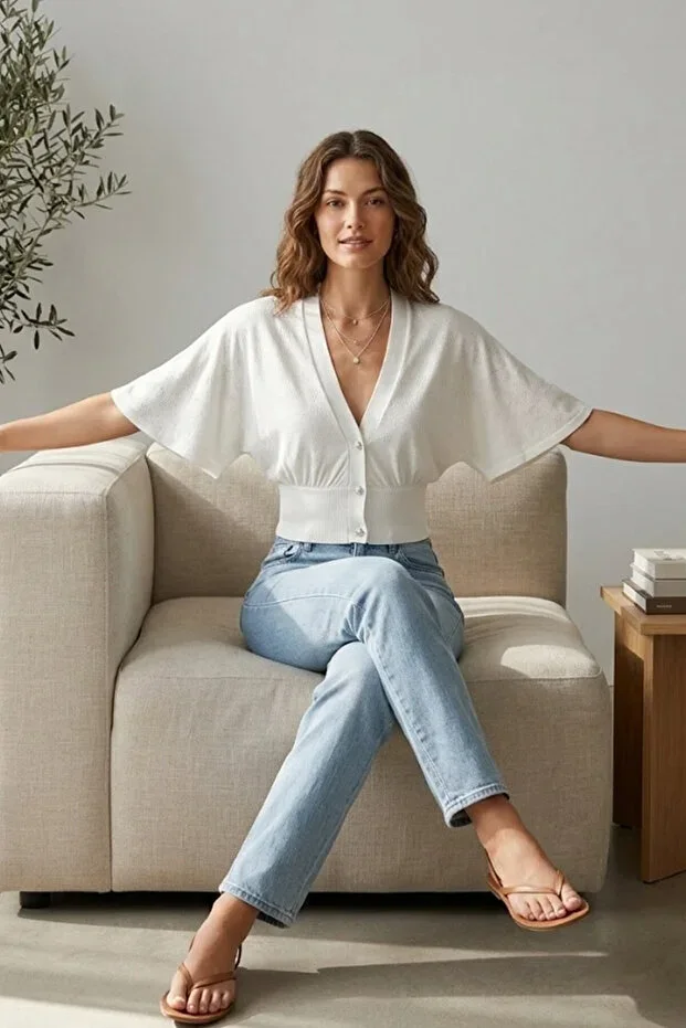 Risor Women's Volant Sleeve Ajur Jacquard Chic Buttoned Crop Cardigan & Jersey Cardigan - Ecru
