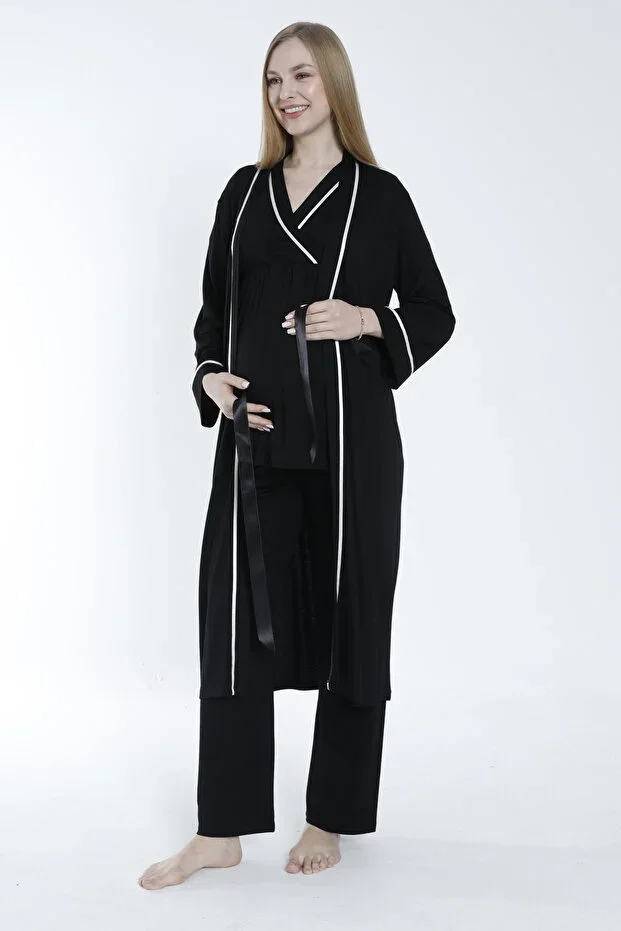Maternity and Postpartum Pajama Set with Robe and Striped Detail