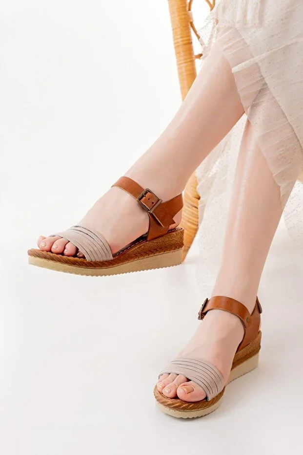 731-07 Beige Orthopedic Genuine Leather Padded Women's Sandal