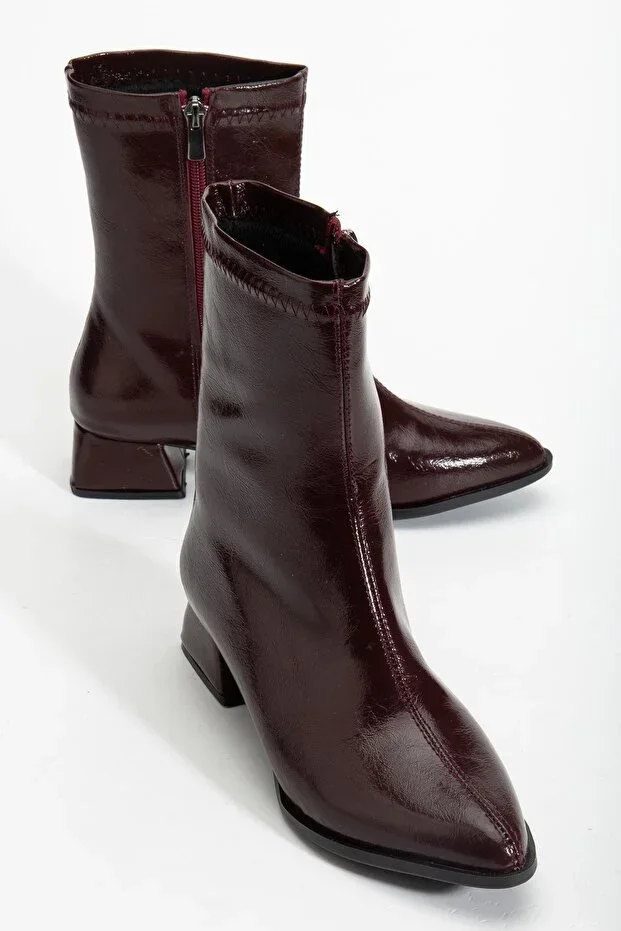 Women's Short-Heeled Boots Bordeaux Patent Leather Stitched Face