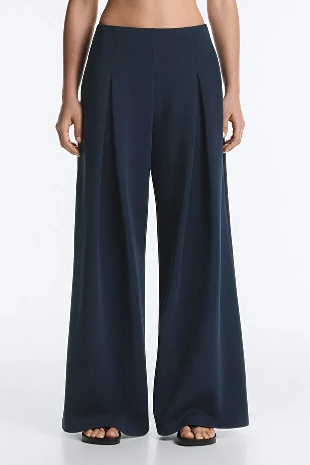 Oysho Cotton Pleated Wide Leg Long Trousers