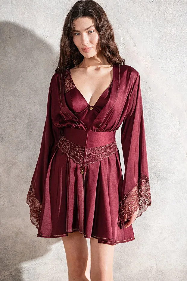 Brigette Burgundy Gold Detailed Lace Detailed Short Satin Robe / Kimono