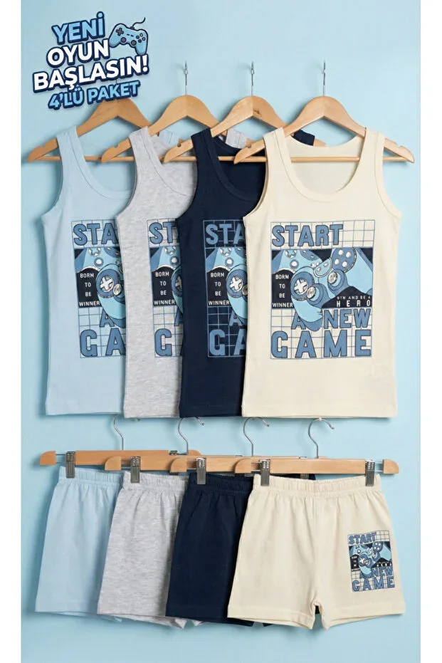 BOYS PRINTED TANK TOP BOXER SET 4 pcs ECONOMIC PACKAGE %100 COTTON