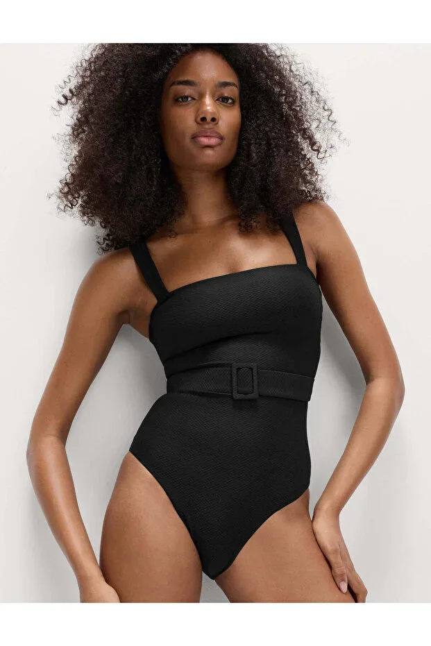 Shaping Textured Swimsuit with Belt Detail