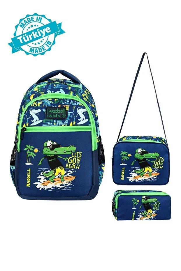 Licensed Navy Blue-Green Crocodile Pattern Boys' School Backpack, Lunch Bag, and Pencil Case