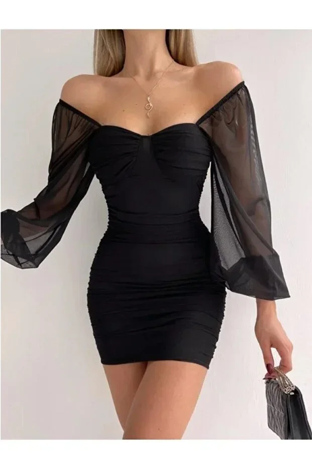Black Long Tulle Sleeve Detailed Draped Dress