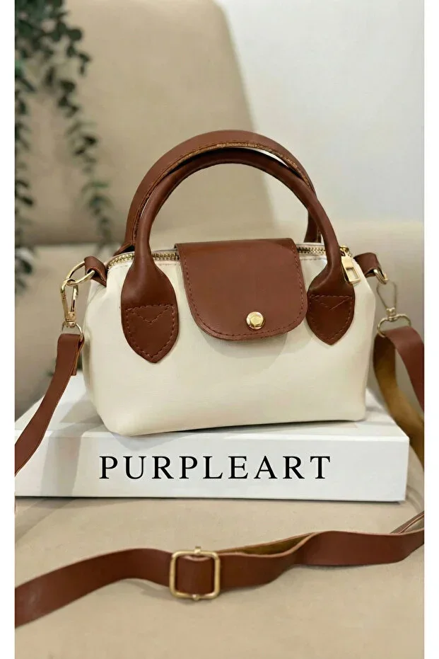 Women's Cream Brown Two-Tone Minimalist Mini Handbag & Shoulder Bag - Zippered Crossbody Women's Bag