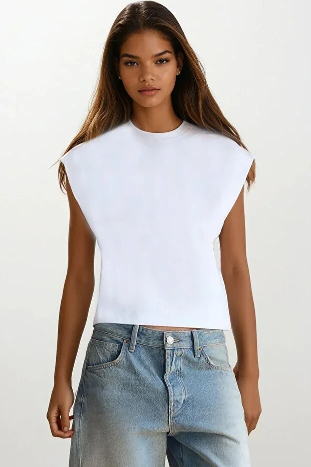 White Crew Neck Sleeveless T-Shirt with Shoulder Pads ALC-X14181