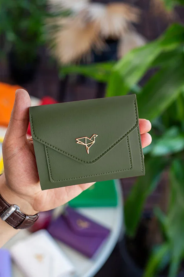 Vegan Leather Coin Pocket Wallet with Many Card Slots Mini Khaki Green Women's Wallet