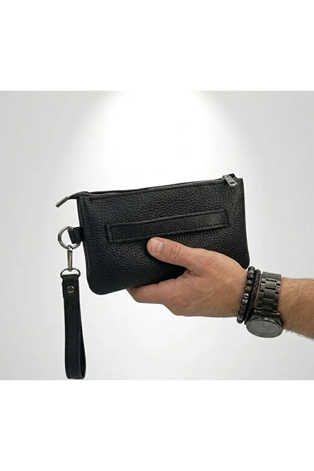 Men's Handbag 3 Compartment Slim Portfolio-Removable Strap Genuine Leather Clutch Wallet