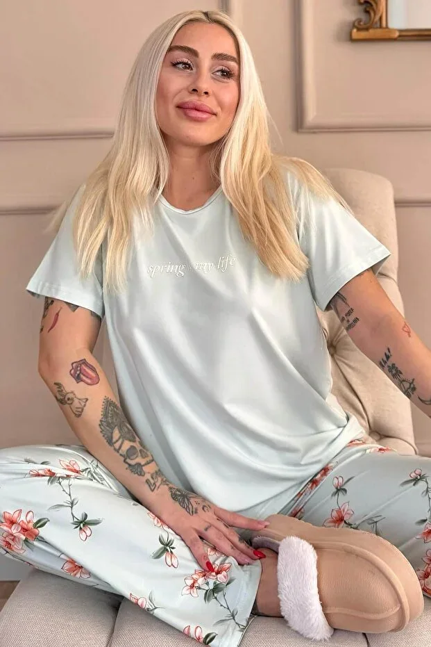Mint Spring is My Life Floral Print Short Sleeve Knit Women's Pajama Set