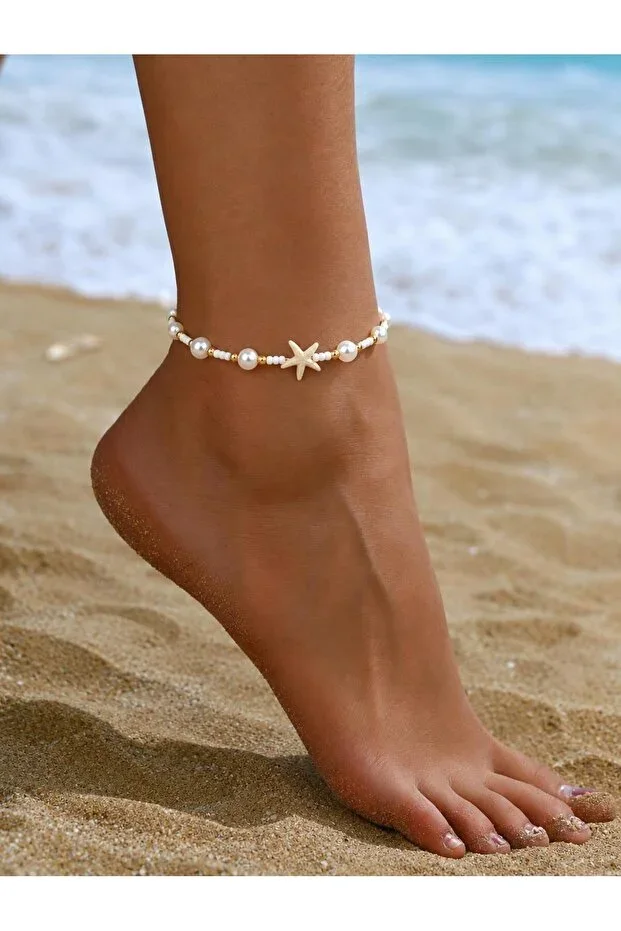 Vintage Pearl Detailed Starfish Anklet – Adjustable Foot Bracelet 🌊⭐