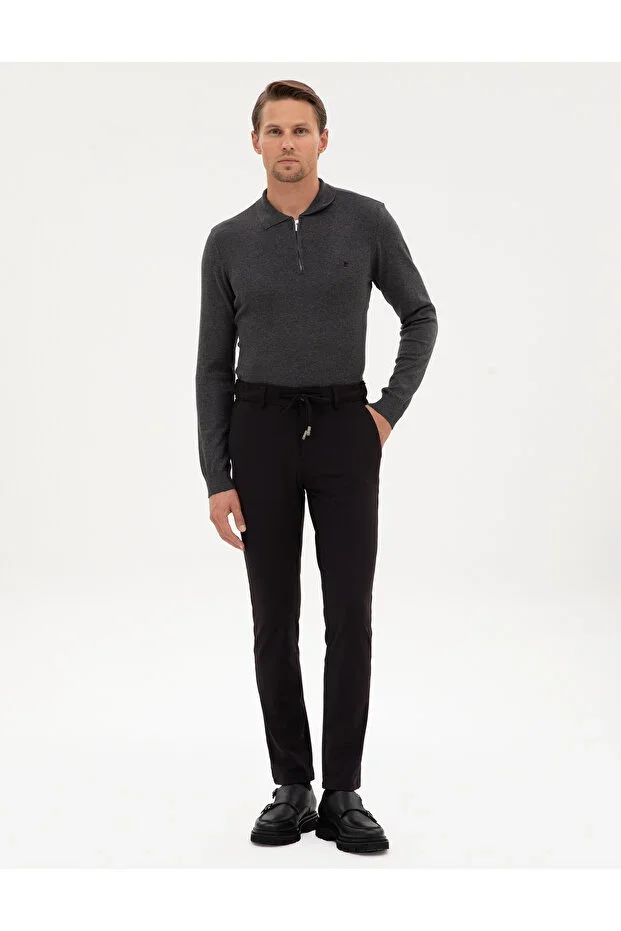 Black Slim Fit Elastic Waist Drawstring Jogger Canvas Trousers 50317281-VR046