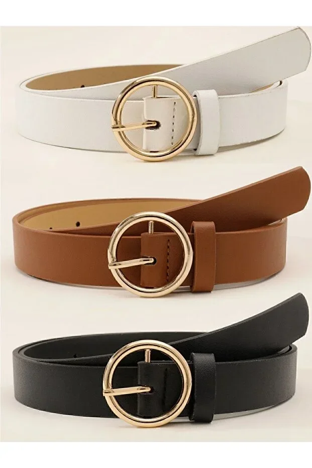 3-Piece Set Belt Gold Buckle Standard Size Black Tan White