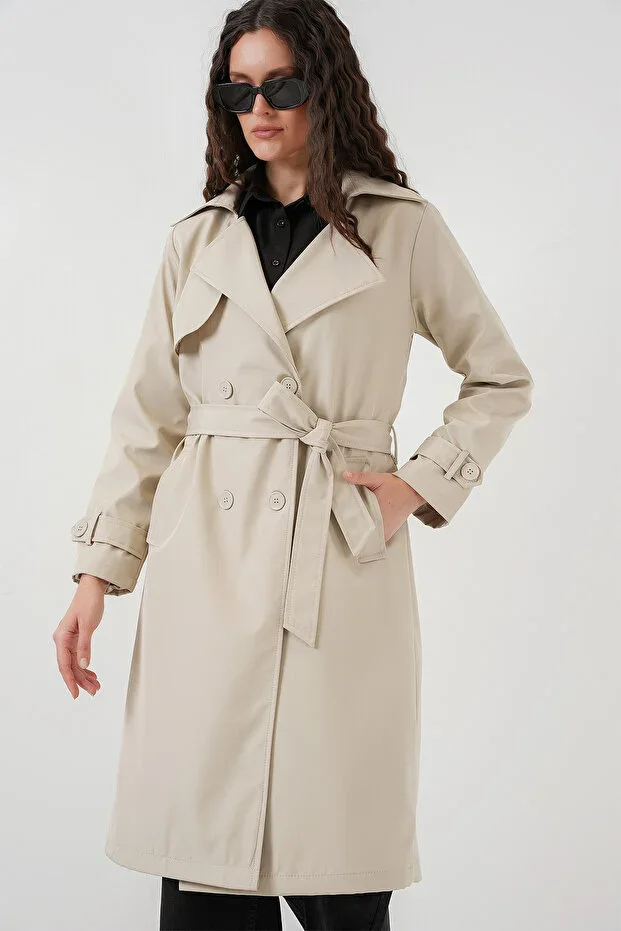 Kruvaze Yaka Bej Women's Trench Coat 5918