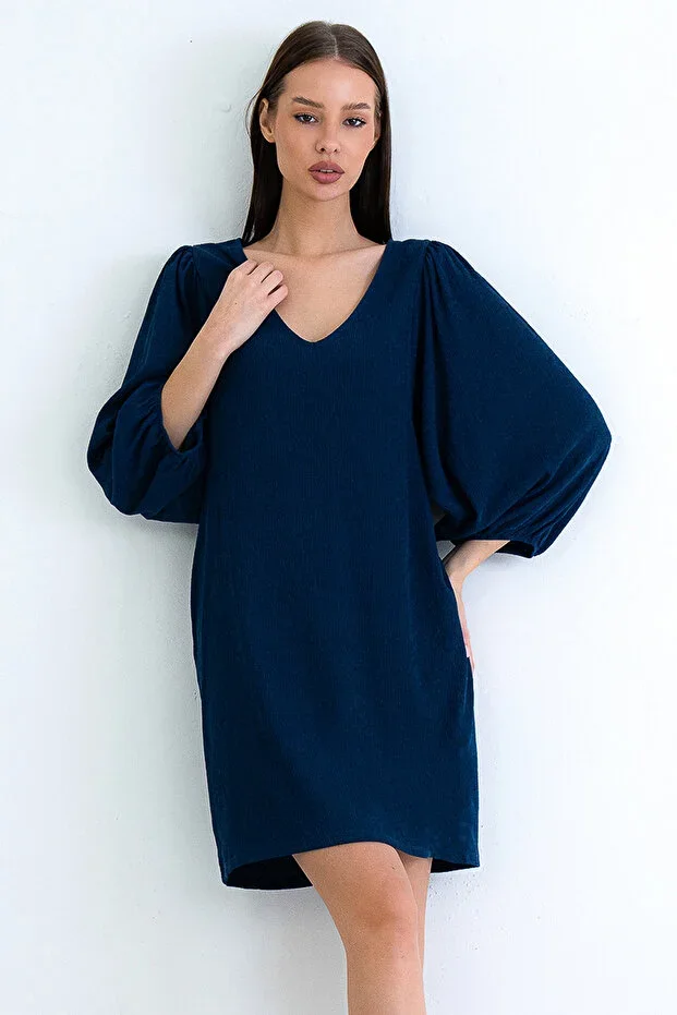Navy Blue V-Neck Princess Sleeve Crinkle Mini Dress ALC-X15160