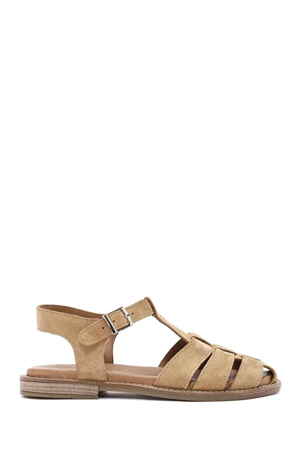 Women's Beige Ankle Buckle Suede Leather Sandal 26SFD201310
