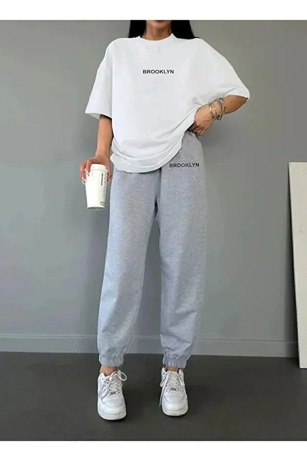 Cute Cat T-Shirt Sweatpants Jogger - Black Top Bottom Tracksuit Set Crew Neck
