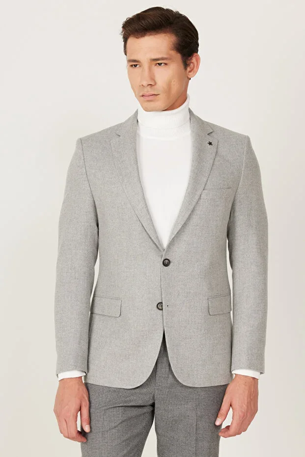Men's Grey Slim Fit Narrow Cut Mono Collar Patterned Woolen Blazer Jacket
