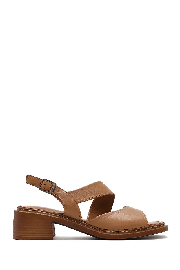 Women's Brown Ankle Buckle Short Heel Leather Sandal 26SFD340818