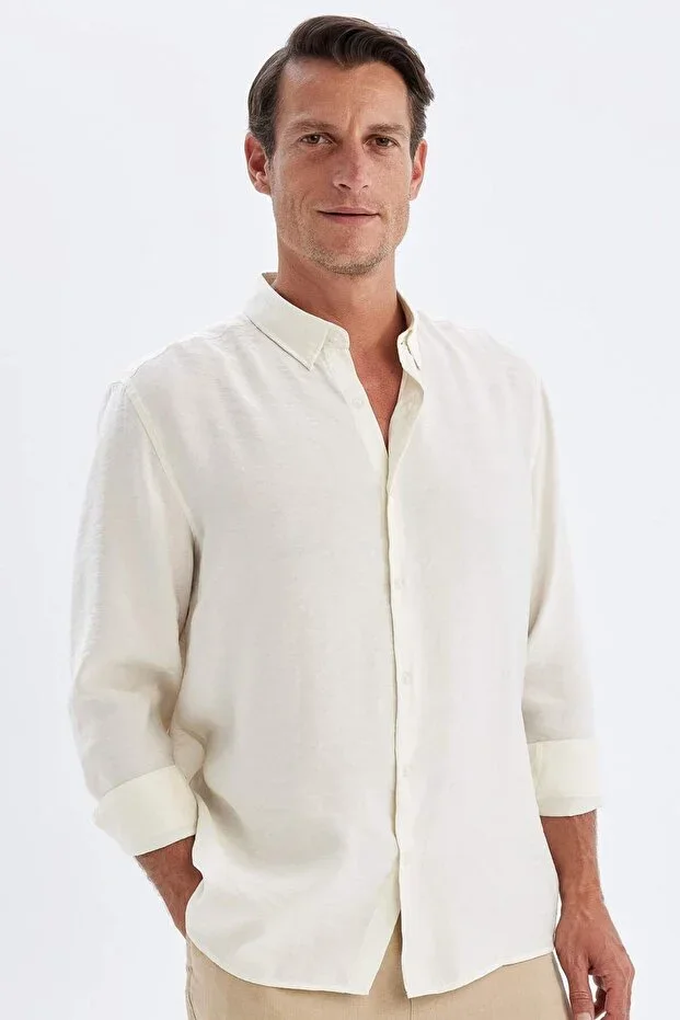 Relax Fit Polo Neck Poplin Modal Basic Plain Long Sleeve Shirt C4131AX24SM