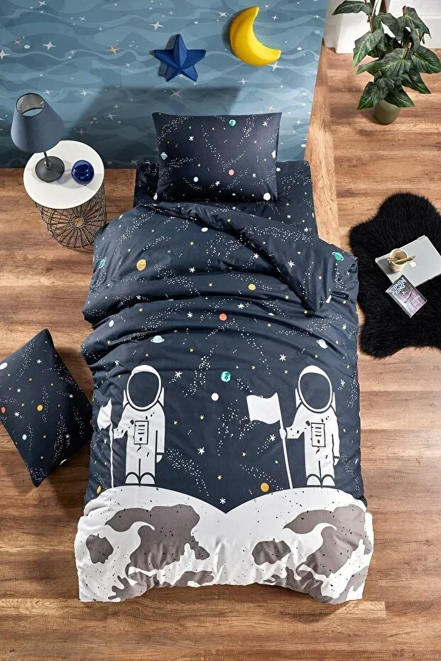 Children's Duvet Cover Set Single Bed Elastic Fitted Sheet Natural Healthy Cotton Ranforce Astronaut Pattern