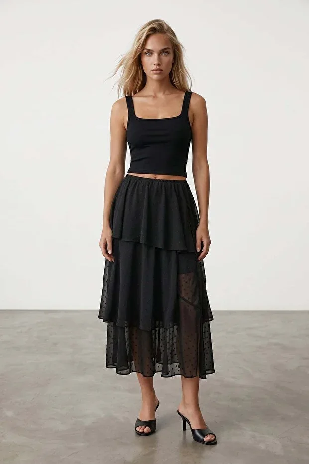 Women's Black Elastic Waist Layered Ruffled Lined Midi Chiffon Skirt Alc-X15528