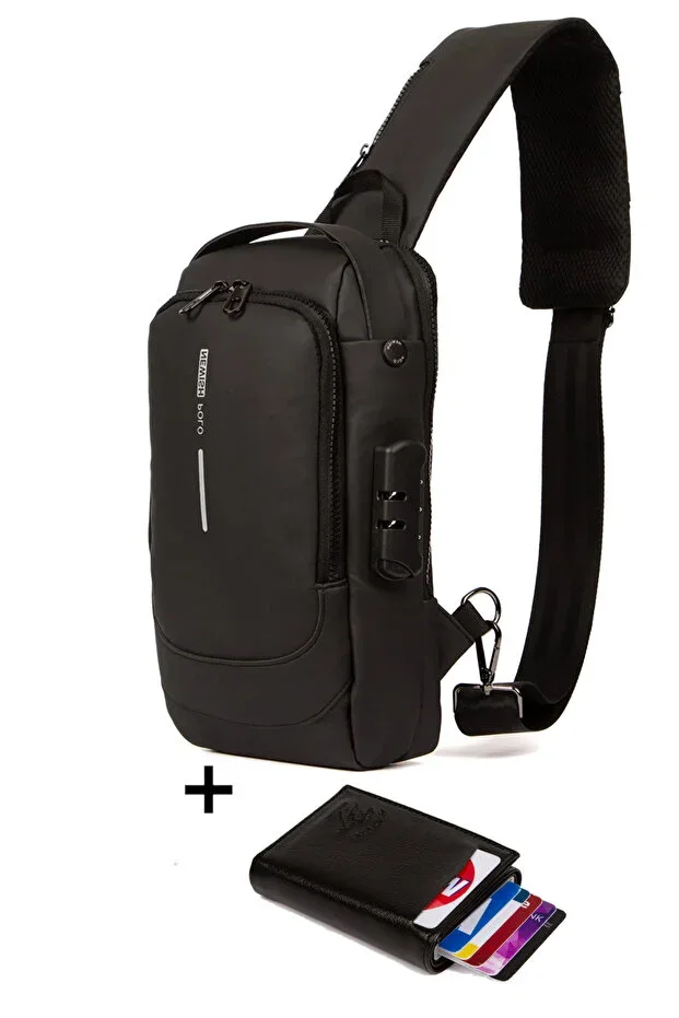 Men's Leather Mechanical Wallet and Crossbody Shoulder and Waist Bag with USB Output - Black