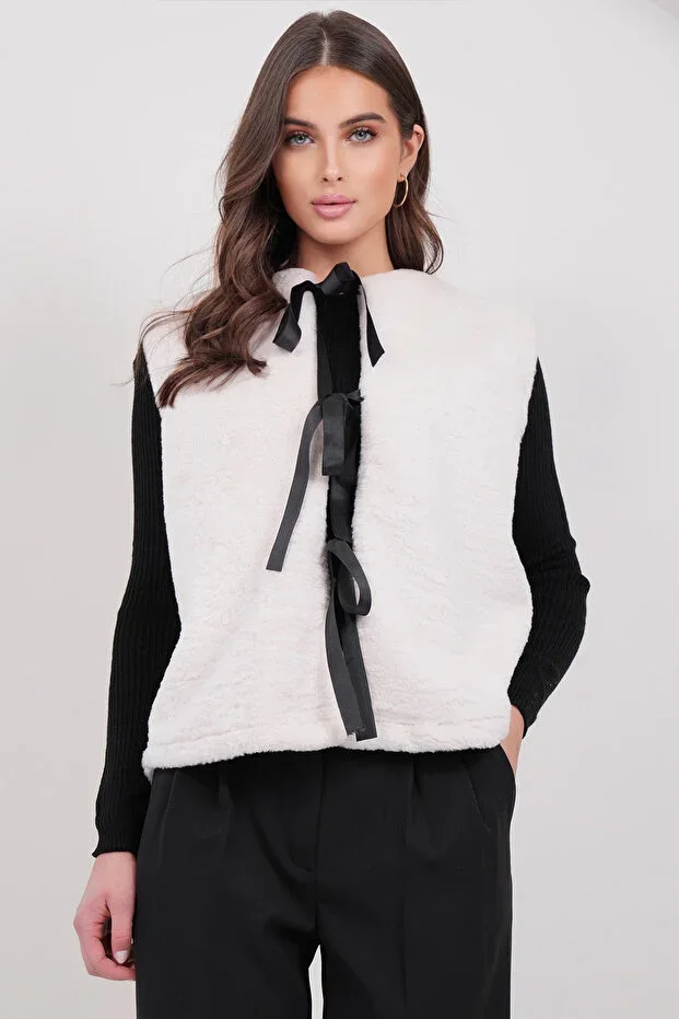Women's Ecru Ribbon Tie Sleeveless Fluffy Vest ALC-X14991