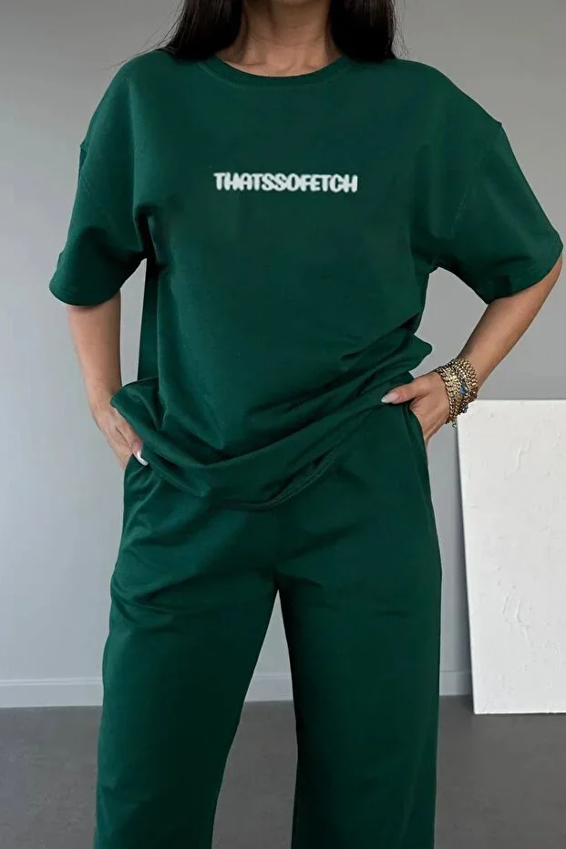 Thatssofetch T-shirt Sweatpants Jogger - Green Print Top Bottom Tracksuit Oversize Crew Neck