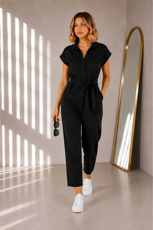 Motiv Sleeveless Linen Jumpsuit with Front Buttons and Belt, Blek Length, Casual Comfortable Use