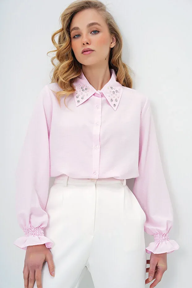 Pink Pearl and Stone Embroidered Aerobin Shirt ALC-X10085