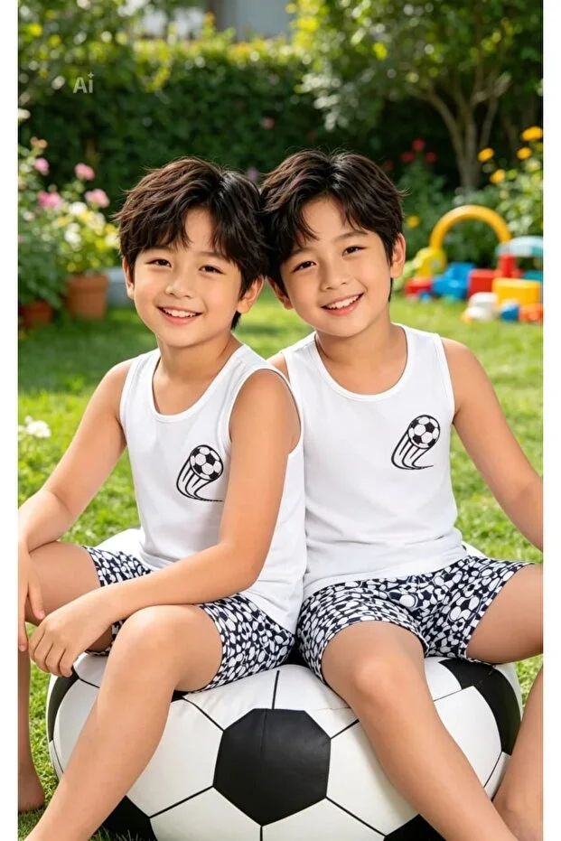 Football Themed Boys White & Blue T-shirt & Shorts Soft Cotton Jersey Trend Pajama Set