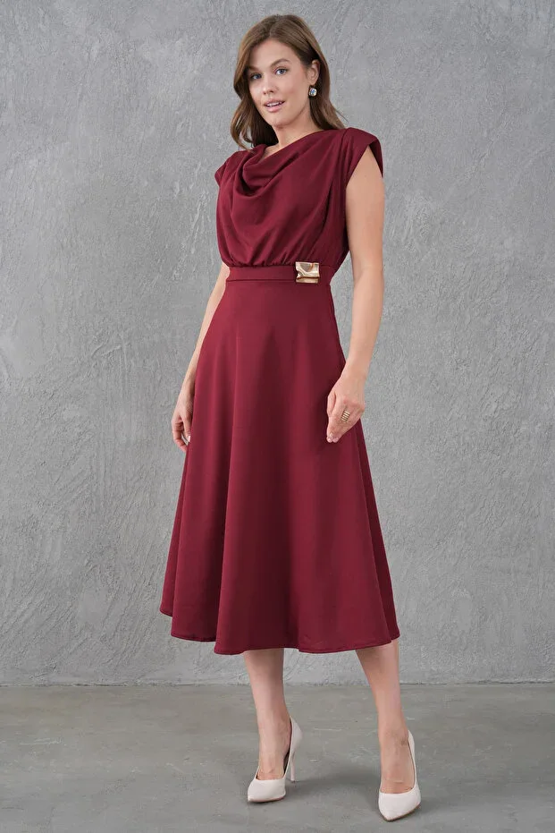 barış sülün lovebox Women Burgundy Stretchy Crepe Fabric Draped Neck Shoulder Padded Midi Flared Evening Dress 77129