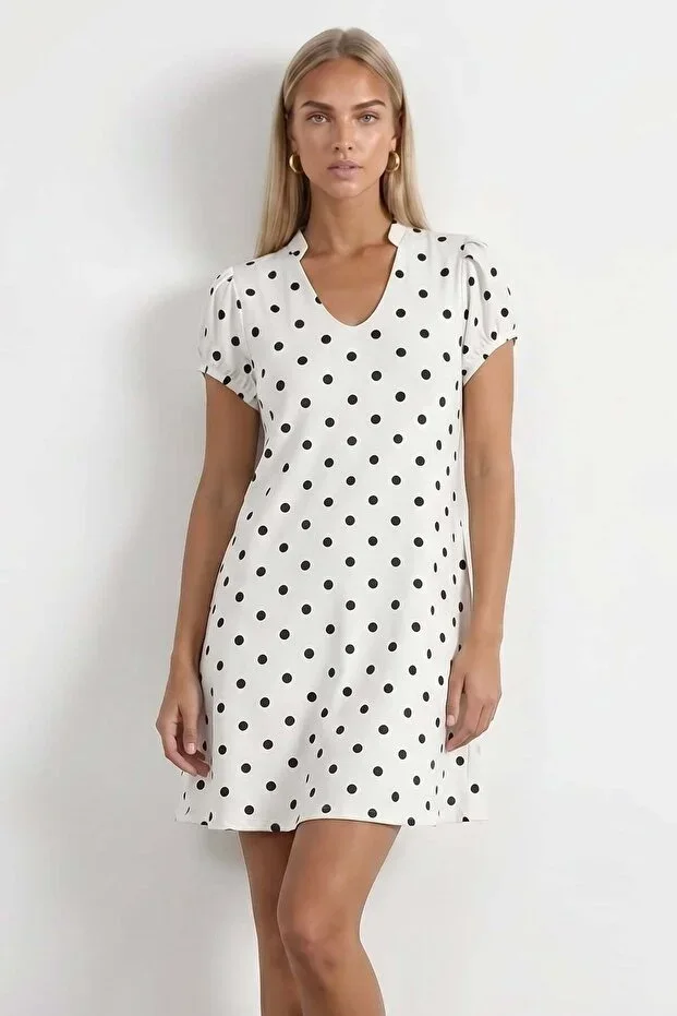 Women's White V-Neck Puff Sleeve Polka Dot Patterned Dress Alc-X15524