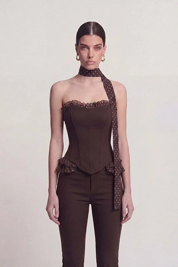 HOLLY LOLLY Corset Top with Polka Dot Ruffle and Shawl Detail - Brown