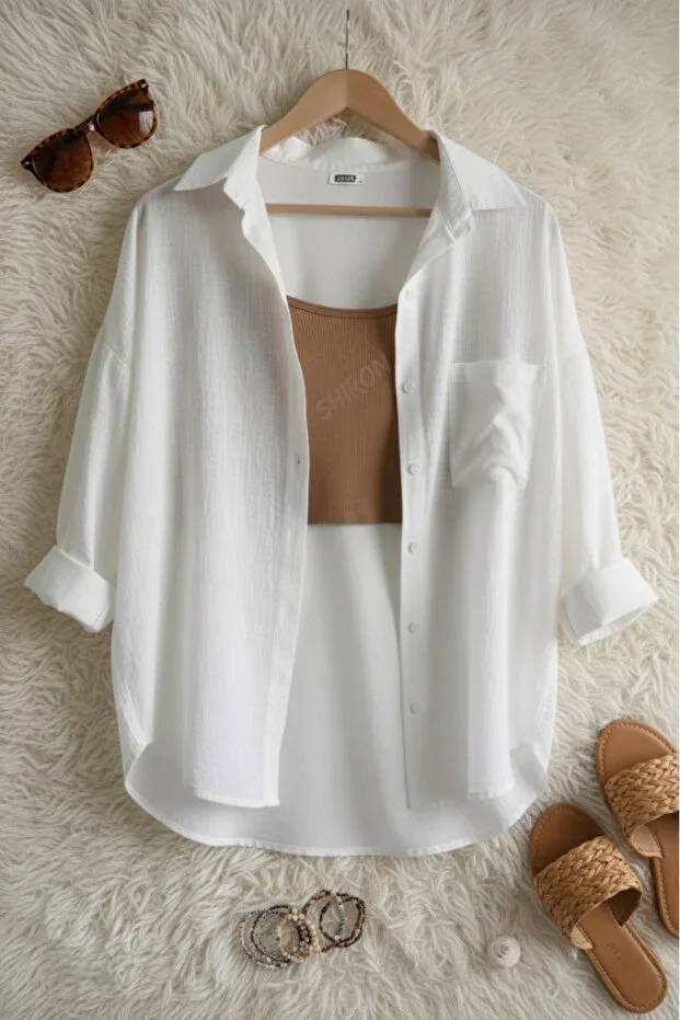 Shiron Sportswear&Company Women's White Oversize Linen Shirt 100% Cotton