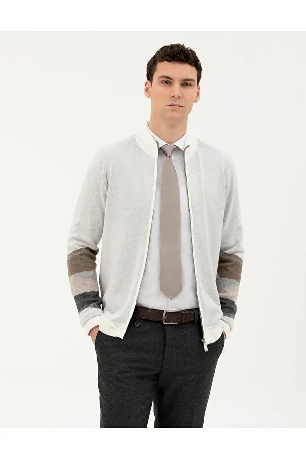 Ekru Slim Fit Fermuarlı Triko Hırka 50278102-VR019